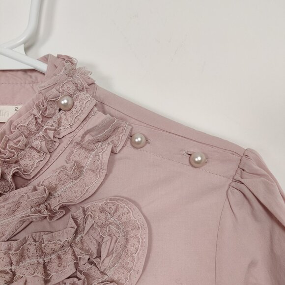 Famelin Women's Blouse Size 2 Pink Pearl Lace Mock Neck Business Casual Elegant - Picture 3 of 11